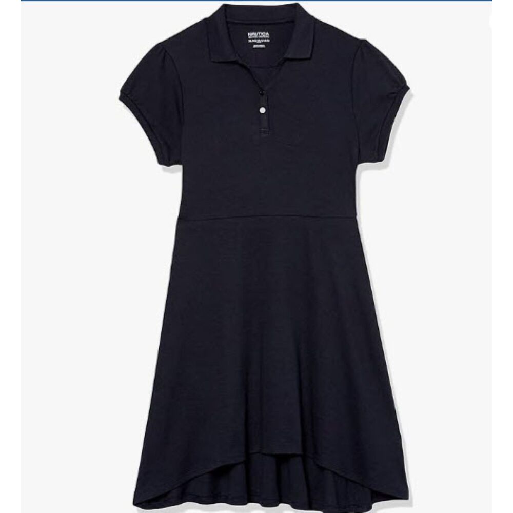 Nautica Navy Blue Girls' School Uniform Short Sleeve Polo High Low Dress, Size L